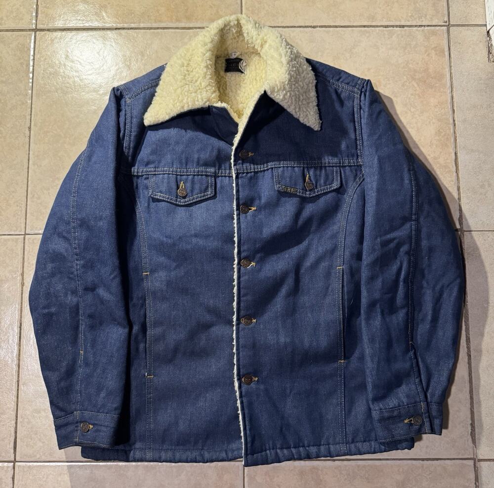 Sears Roebucks Men's 44 Blue Sherpa Lined Trucker Jacket Button Closure